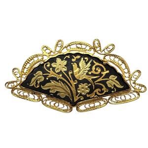 Vintage Damascene Bird Brooch Black Gold Tone Filigree Pin Floral Scroll 2"